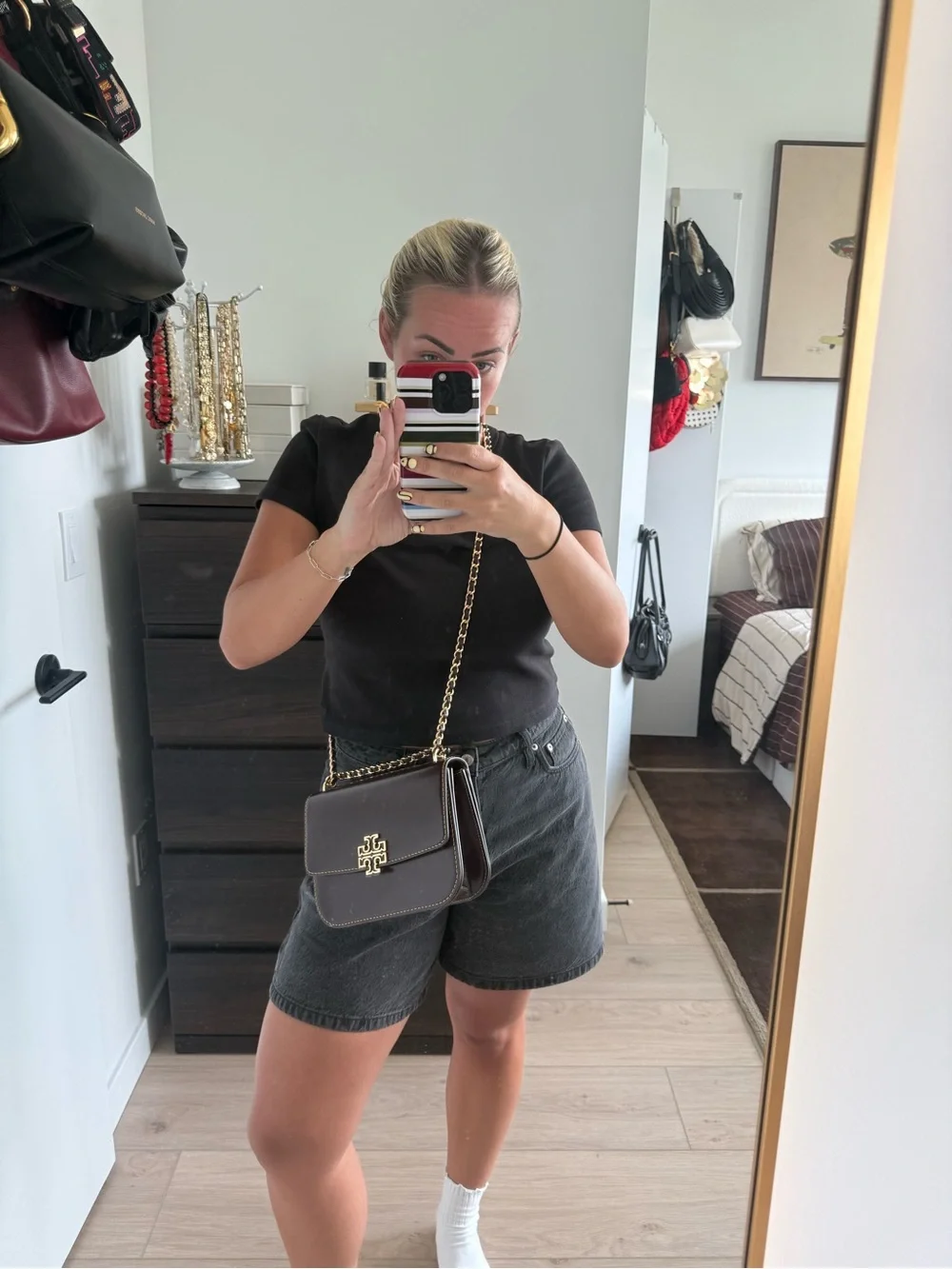 Tory Burch Convertible Chain Crossbody Bag in Burgundy with Gold Hardware
